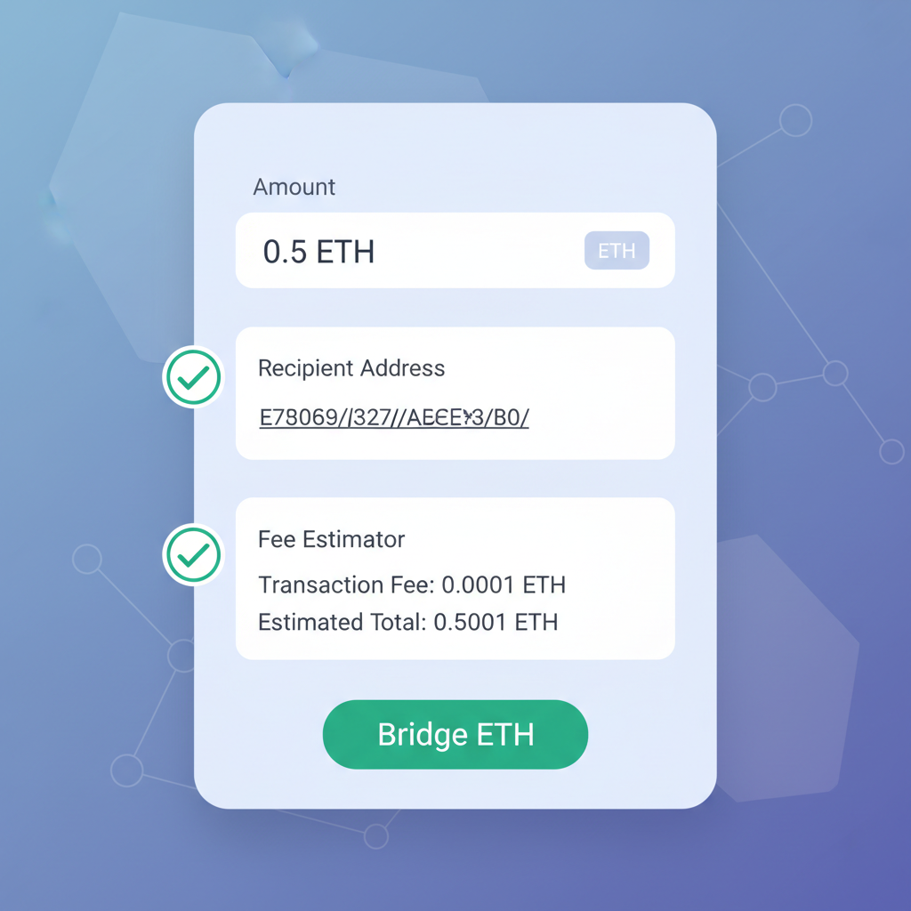 ETH amount input on bridge, fee estimator visible, green checkmarks, modern crypto UI