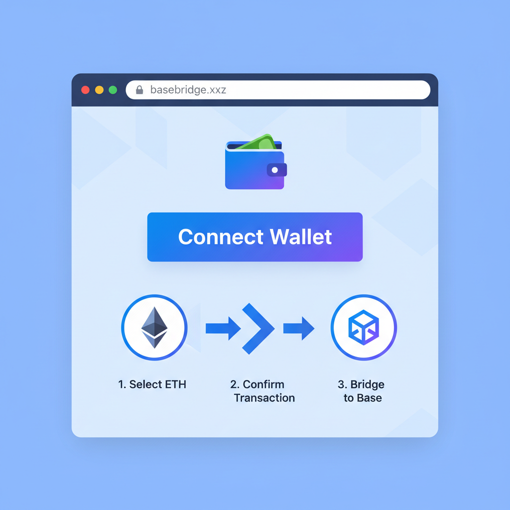 dynamic illustration of Base Bridge website interface, wallet connect button, Ethereum to Base flow arrows