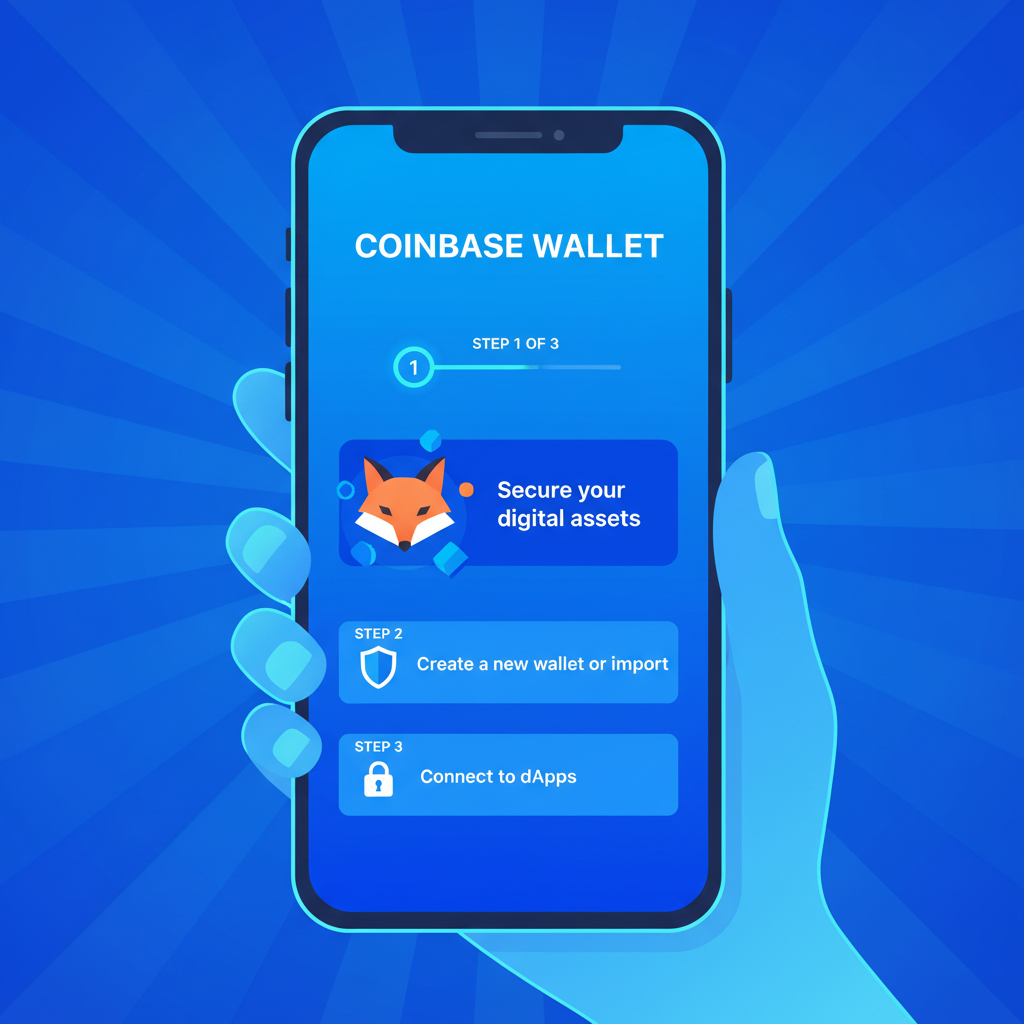 modern crypto wallet app install screen on smartphone, MetaMask or Coinbase Wallet, vibrant blue tones, clean UI, energetic vibe