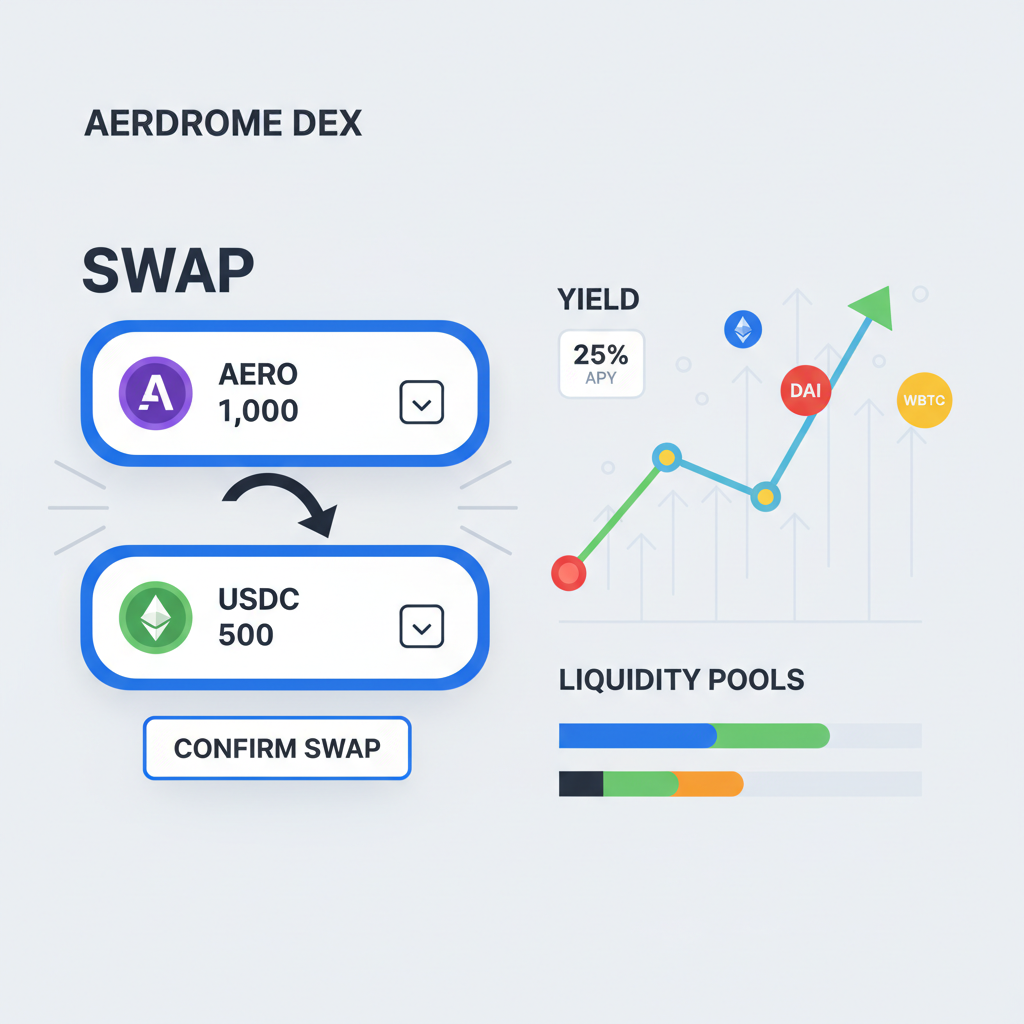Base DeFi dashboard, Aerodrome DEX swaps, yield charts rising, colorful tokens, energetic trading UI