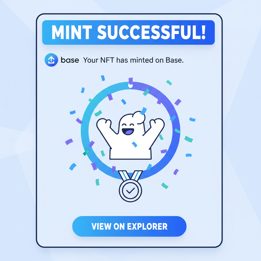 Zora or Magic Eden NFT mint screen, success animation, confetti, Base chain logo, excited user vibe