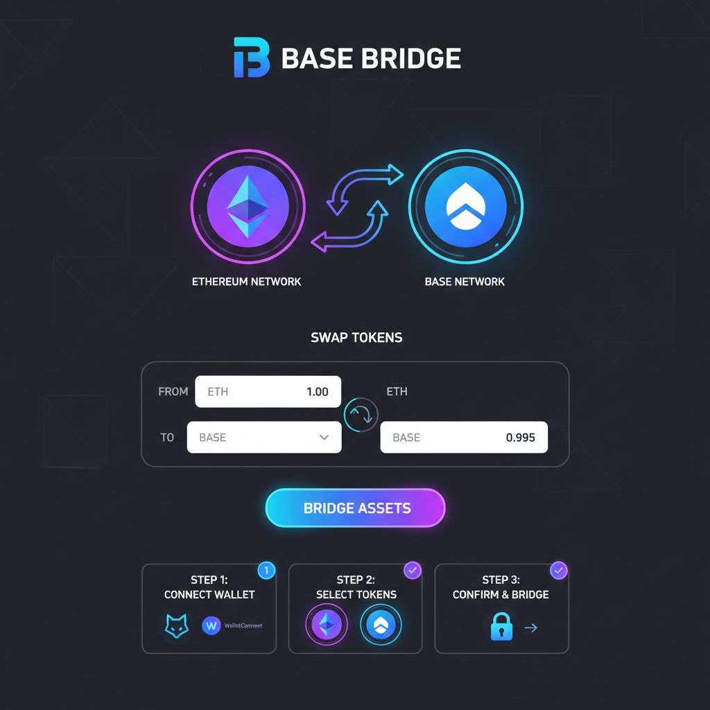 vibrant Base Bridge homepage UI, crypto bridge interface with Ethereum and Base networks, neon blues and purples
