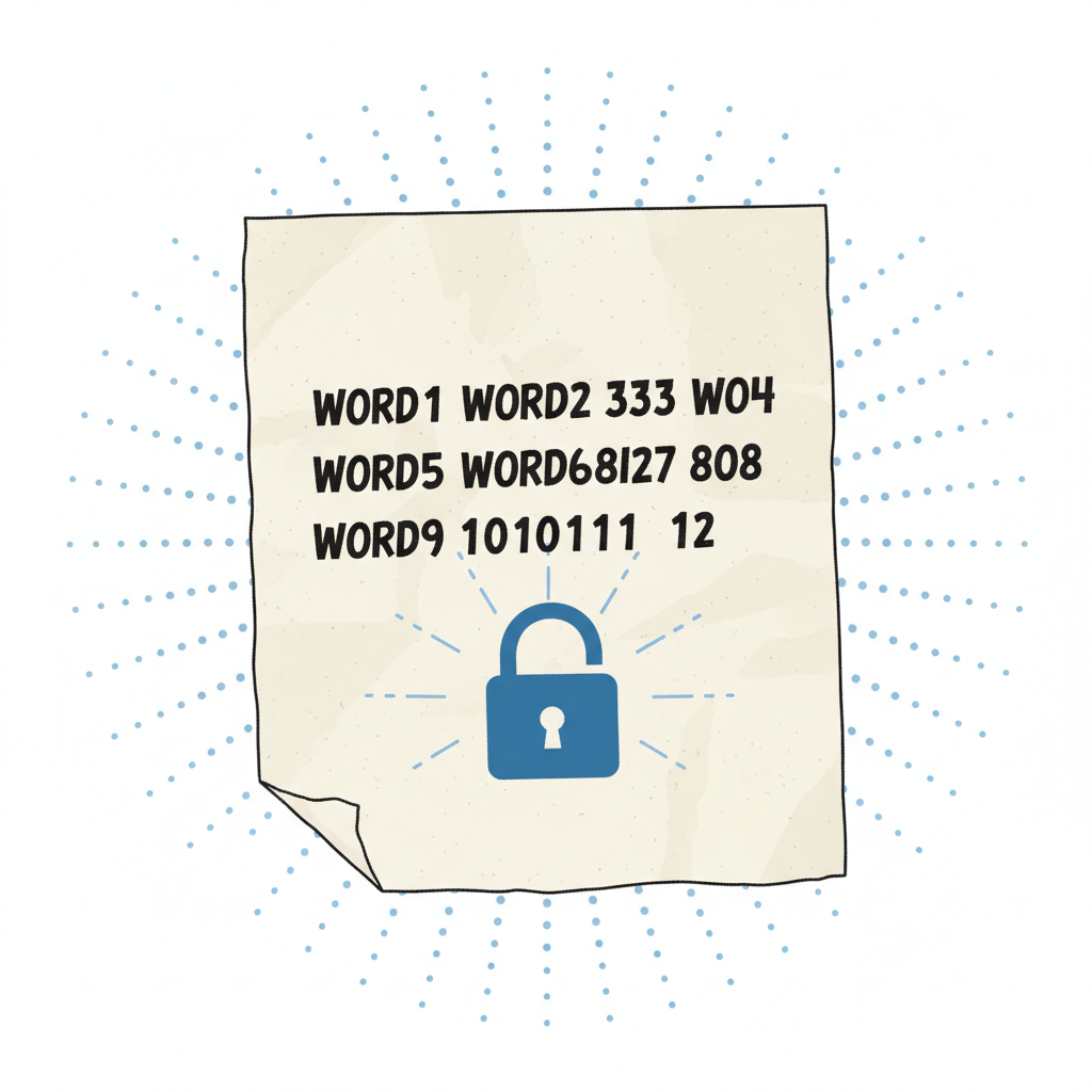 close-up of handwritten recovery phrase on paper with lock icon, secure crypto backup theme, simple illustrative style