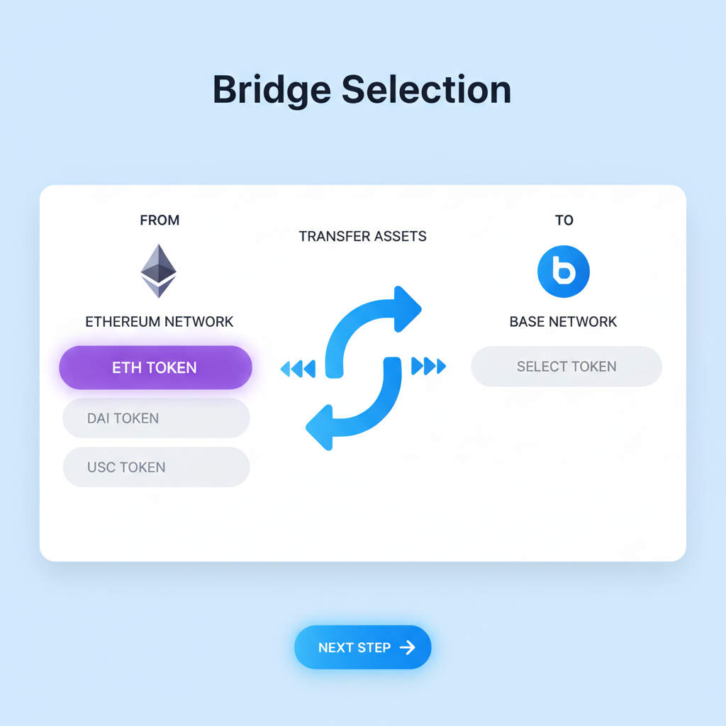 Base Bridge selection screen, ETH token highlighted, Ethereum to Base network arrows, simple dashboard