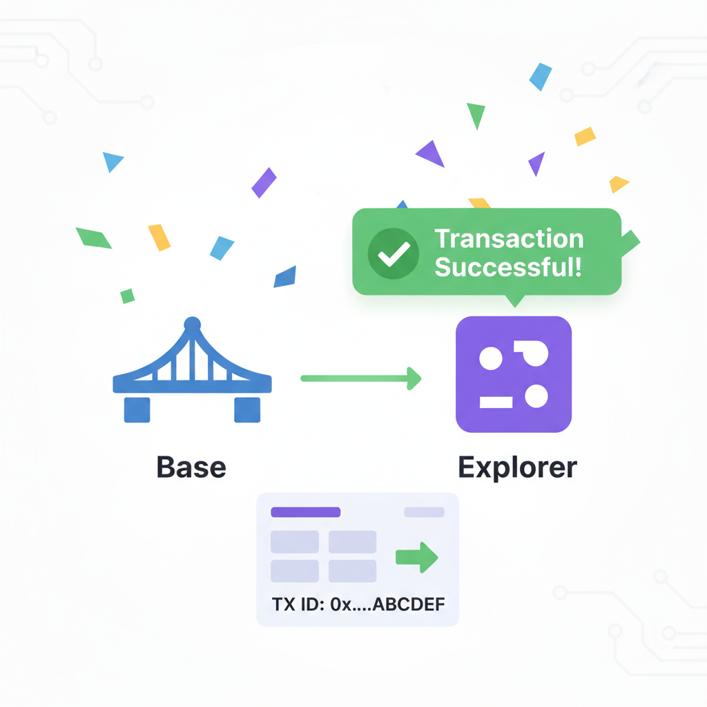 successful Base bridge tx on explorer, green success notification, confetti crypto celebration
