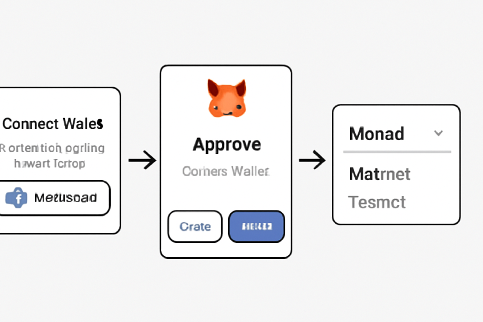 Wallet connection popup on DeFi site, MetaMask approve screen, Monad mainnet selector dropdown