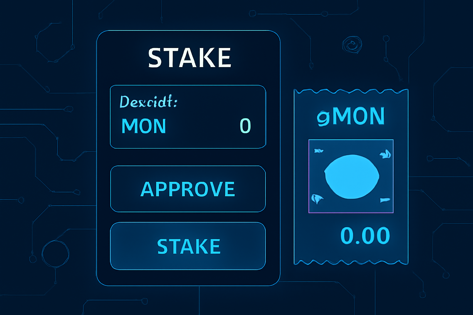 Staking interface with MON deposit input field, approve and stake buttons, gMON receipt preview, futuristic blockchain design