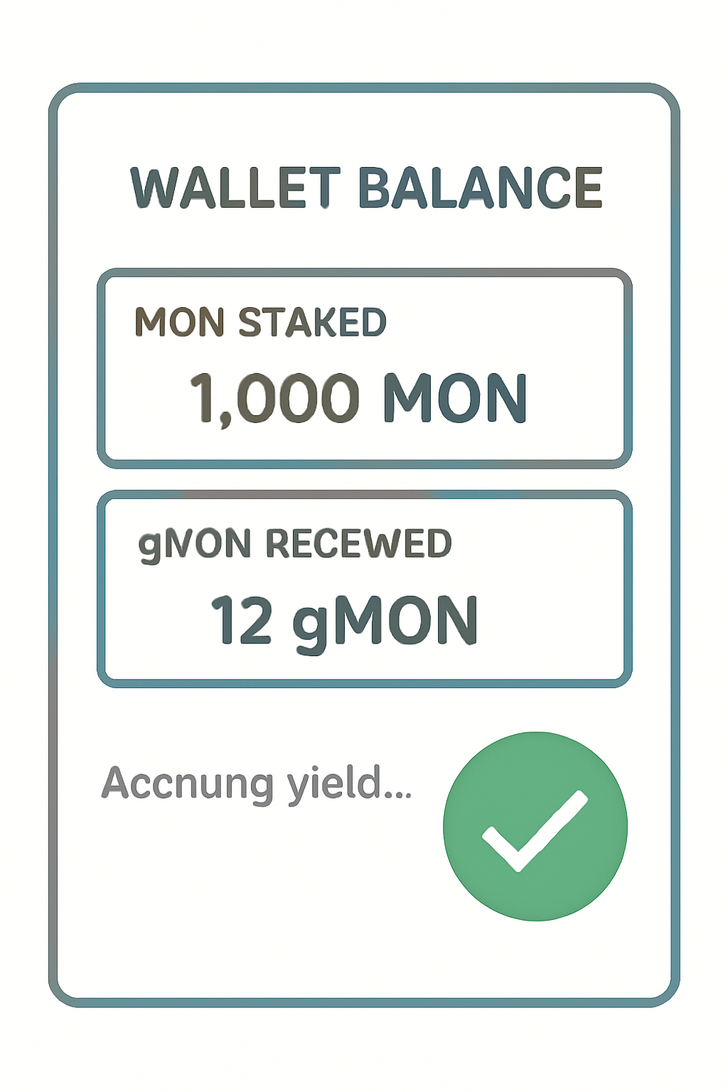 Wallet balance screen showing MON staked and gMON received, yield accrual indicator, green confirmation checkmark
