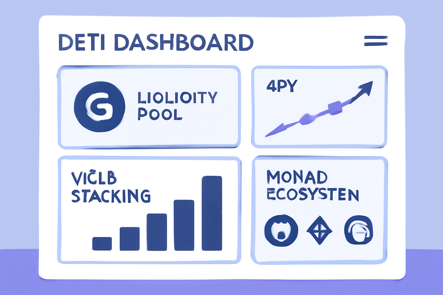 DeFi dashboard with gMON in liquidity pool, yield stacking charts, Monad ecosystem icons, rising APY graph