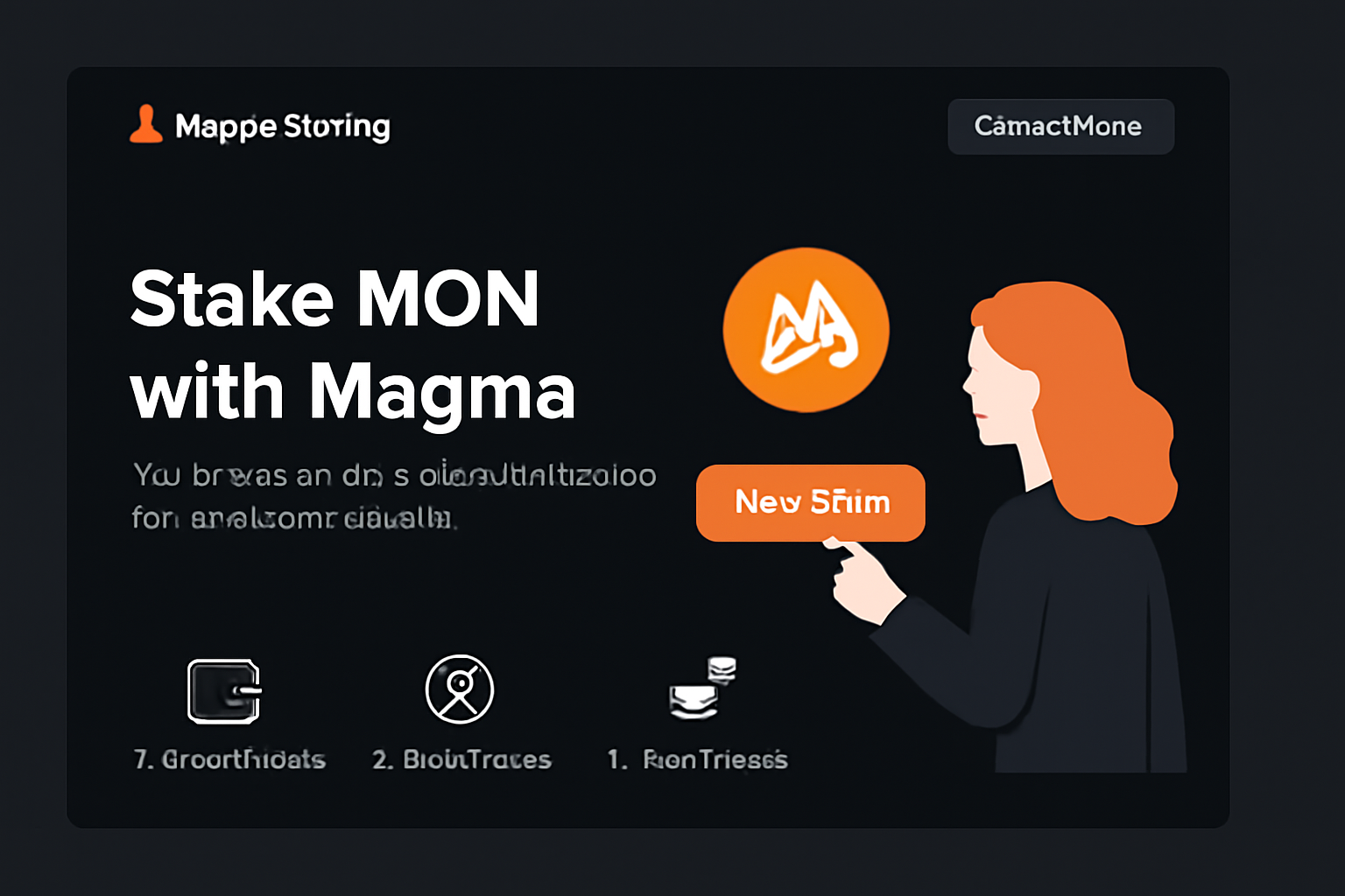 Modern web interface of Magma Staking homepage, Monad blockchain theme, stake MON button prominent, dark mode UI