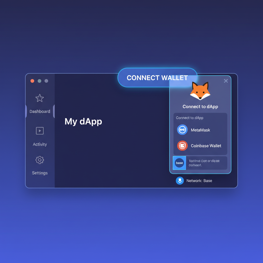 sleek web3 dashboard with wallet connect button glowing, MetaMask popup, Base chain logo, futuristic UI