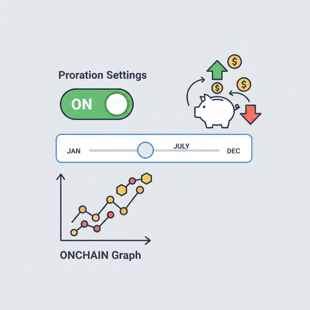 proration settings toggle with calendar slider, money flow arrows adjusting, onchain graph