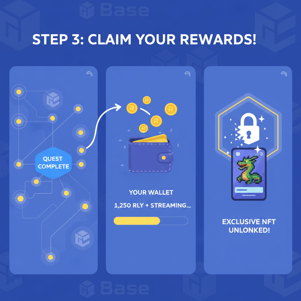 reward mapping interface, RLY tokens streaming to wallet, NFT unlock animation, Base chain background