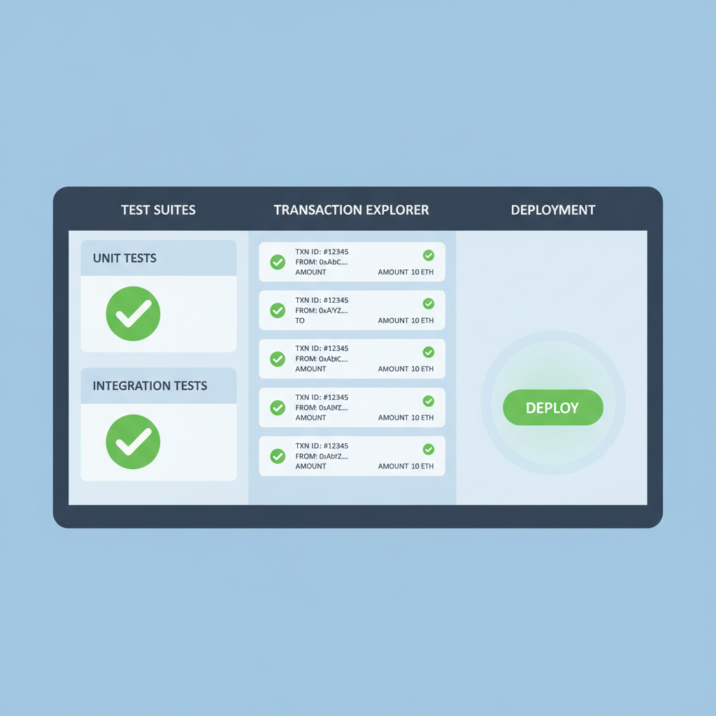 testing dashboard with green checkmarks, transaction explorer view, deploy button pulsing