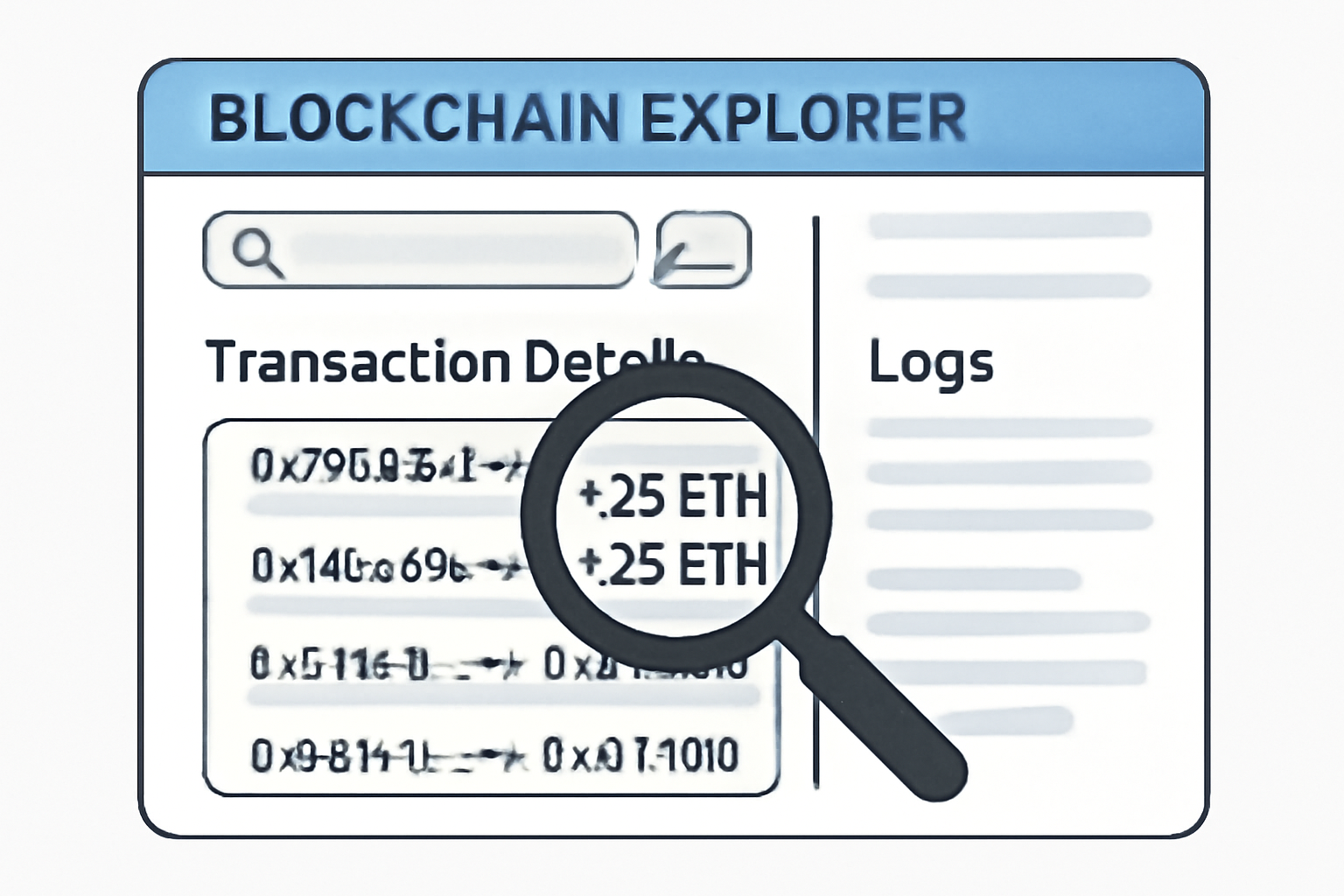A blockchain explorer interface showing transaction details and logs, with a magnifying glass highlighting a transaction