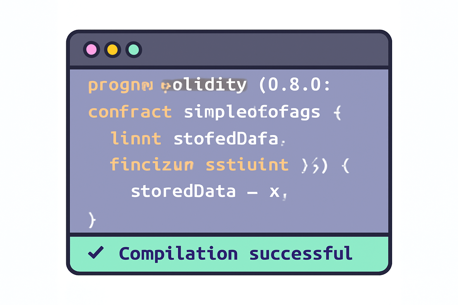 A code editor window showing a simple Solidity smart contract and a successful compilation message