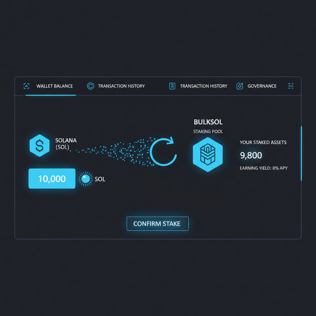 Solana wallet interface staking SOL coins glowing blue into BulkSOL tokens, futuristic DeFi dashboard, neon accents, high-tech vibe
