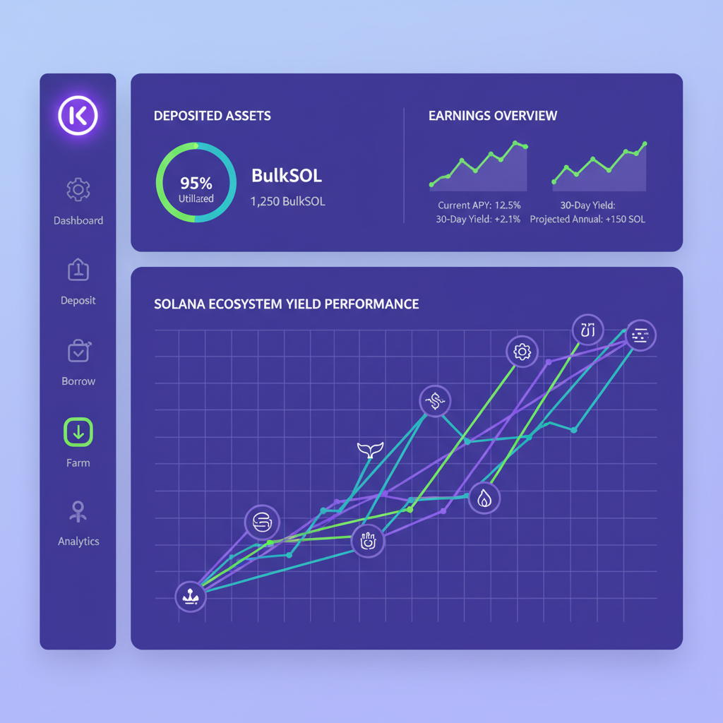 Kamino lending dashboard with BulkSOL deposited, yield charts rising, Solana ecosystem icons, vibrant purple and green UI