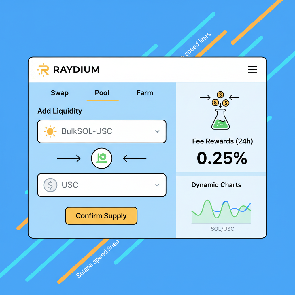 Raydium liquidity pool interface adding BulkSOL-USDC pair, fee rewards flowing, dynamic charts, Solana speed lines