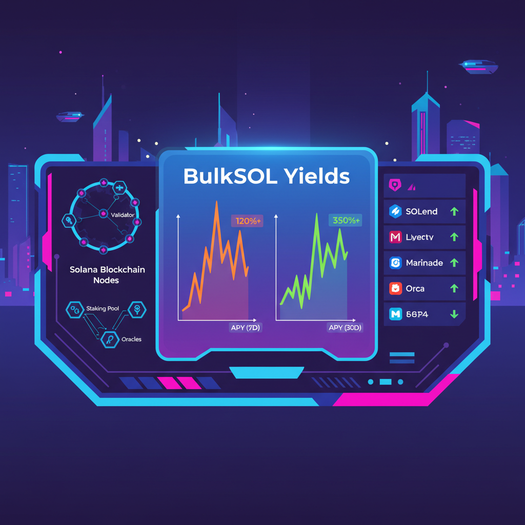 Multi-protocol DeFi dashboard monitoring BulkSOL yields, APY graphs spiking, Solana blockchain nodes, cyberpunk style