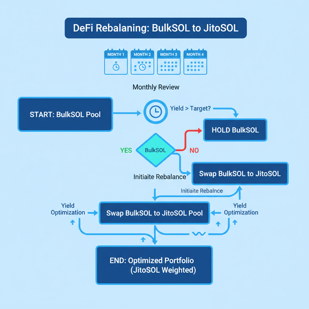 DeFi rebalancing flowchart from BulkSOL to JitoSOL pools, monthly calendar, yield optimization arrows, energetic blue tones