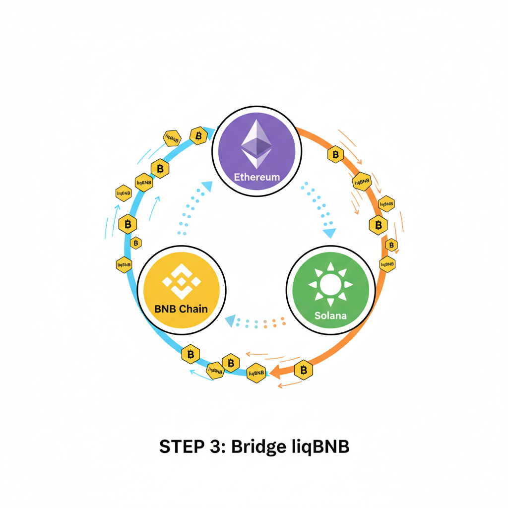 cross-chain bridge animation, liqBNB tokens zipping between BNB, ETH, Solana icons