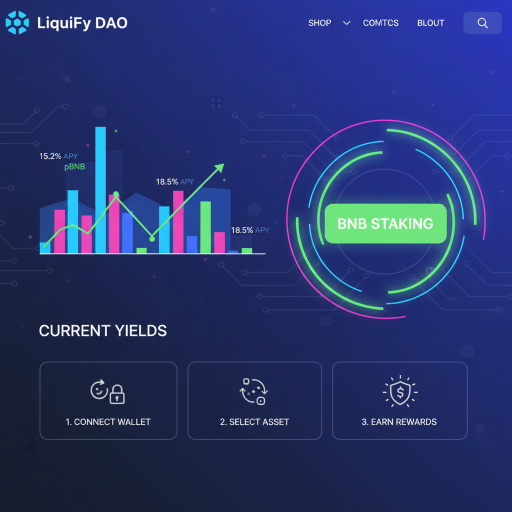 dynamic LiquiFy DAO homepage dashboard, BNB staking button highlighted, neon charts pulsing with yields