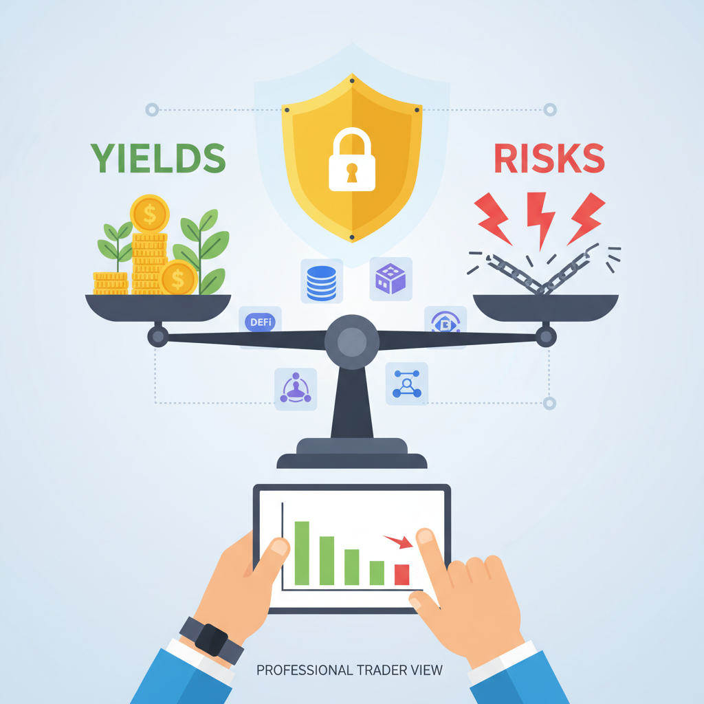 balanced scale with yields vs risks, security shield over DeFi icons, professional trader view