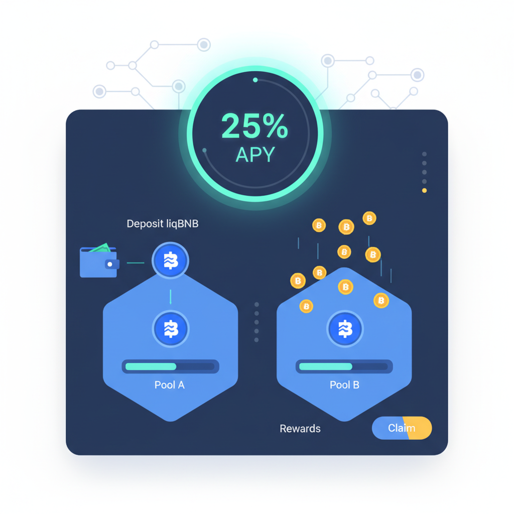 yield farm interface with 25% APY glowing, liqBNB depositing into pools, reward tokens raining