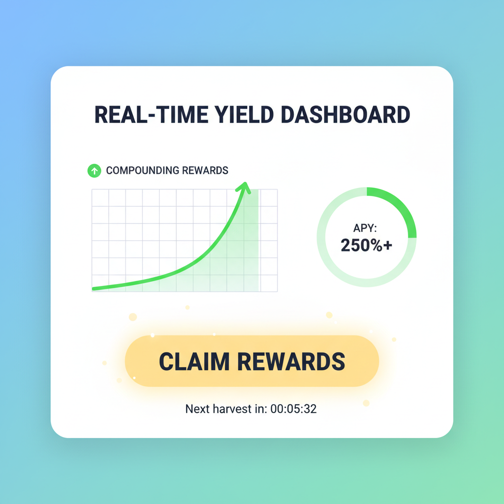 real-time yield dashboard, compounding rewards graph spiking, claim button shining
