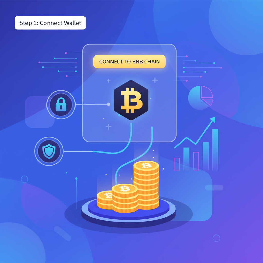 sleek crypto wallet interface connecting to BNB Chain, glowing BNB coins stacking up, futuristic DeFi vibe