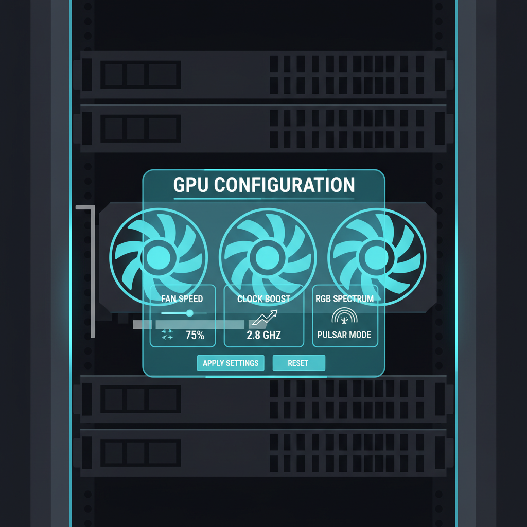 high-end gaming GPU with glowing fans in a dark server rack, holographic config overlay