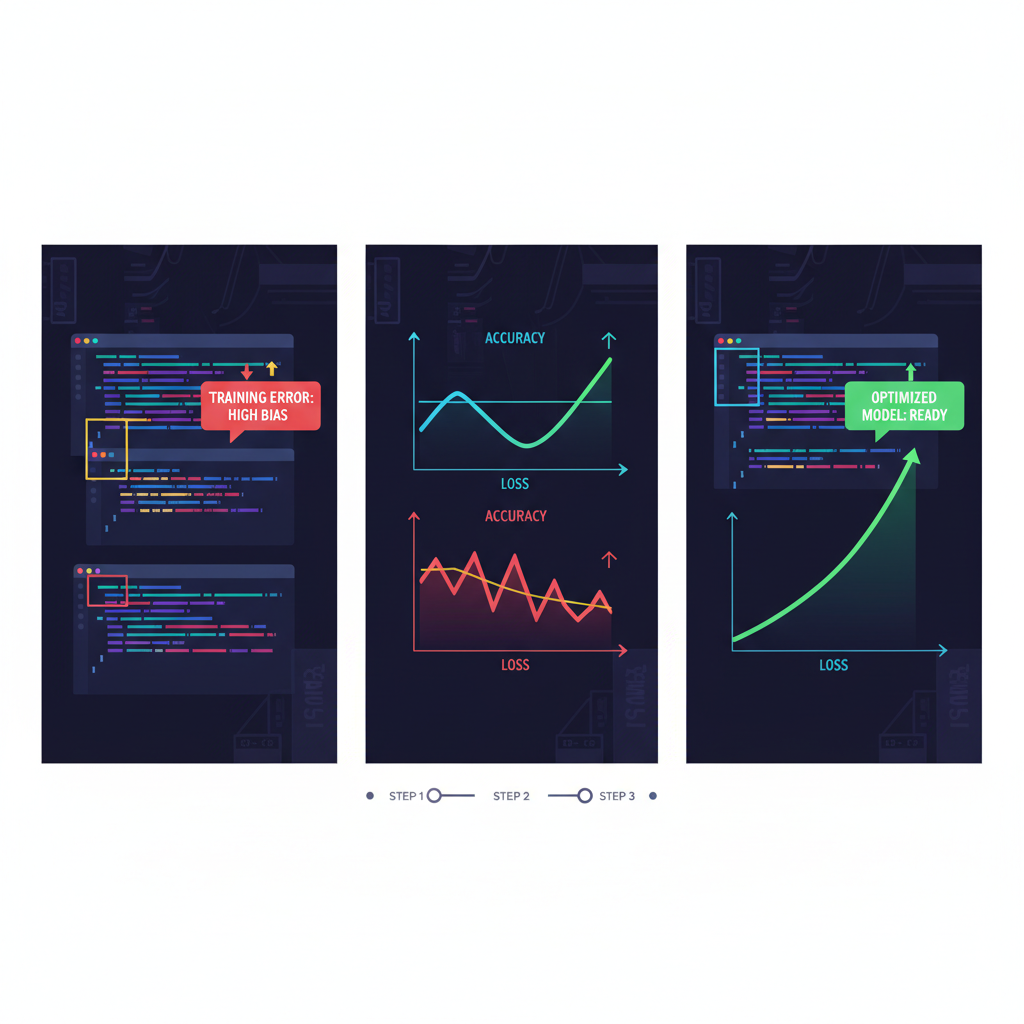 AI model iteration process, code editor with feedback highlights, graphs improving, cyberpunk style