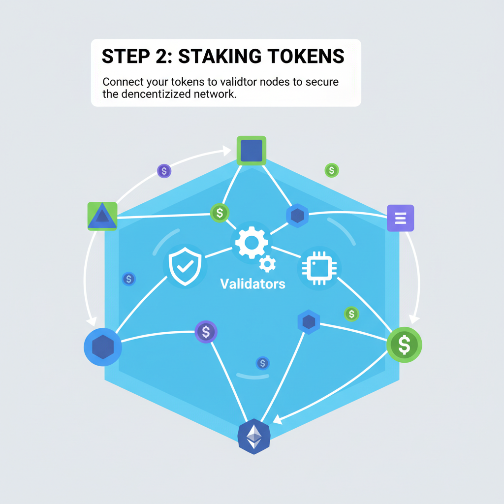 group of nodes connecting in a pool, staking tokens, validator icons linking, decentralized network viz