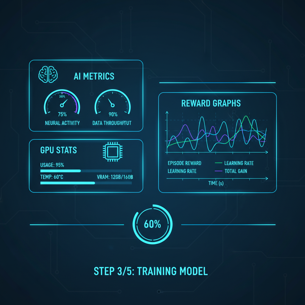 futuristic dashboard screen showing AI metrics, GPU stats, reward graphs, neon blue UI