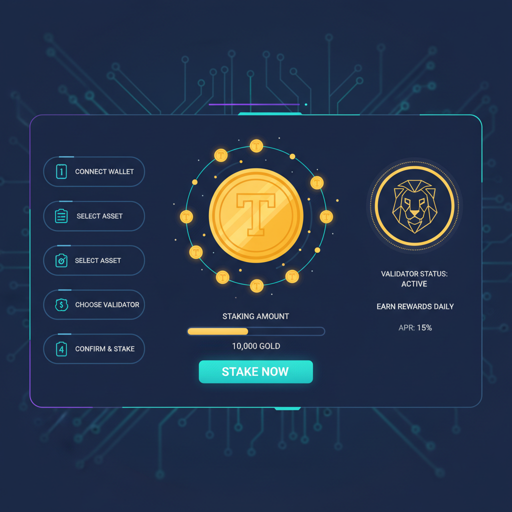 golden token staking interface on futuristic dashboard, validator badge glowing