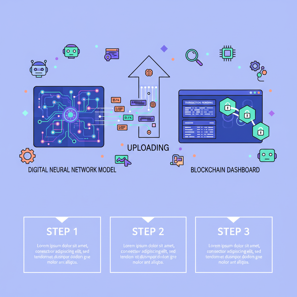 digital neural network model uploading to blockchain dashboard, AI icons floating