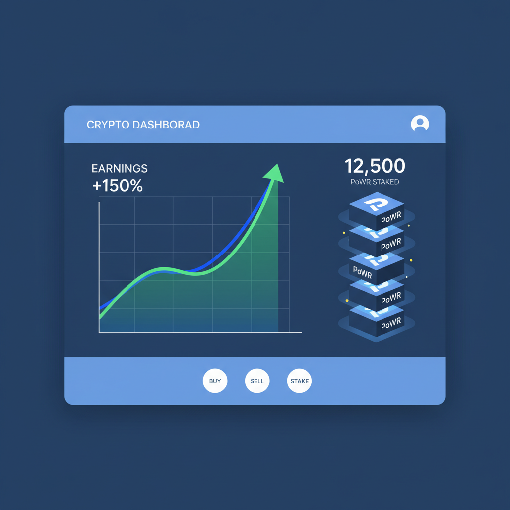 earnings chart rising on crypto dashboard with PoWR tokens stacking up