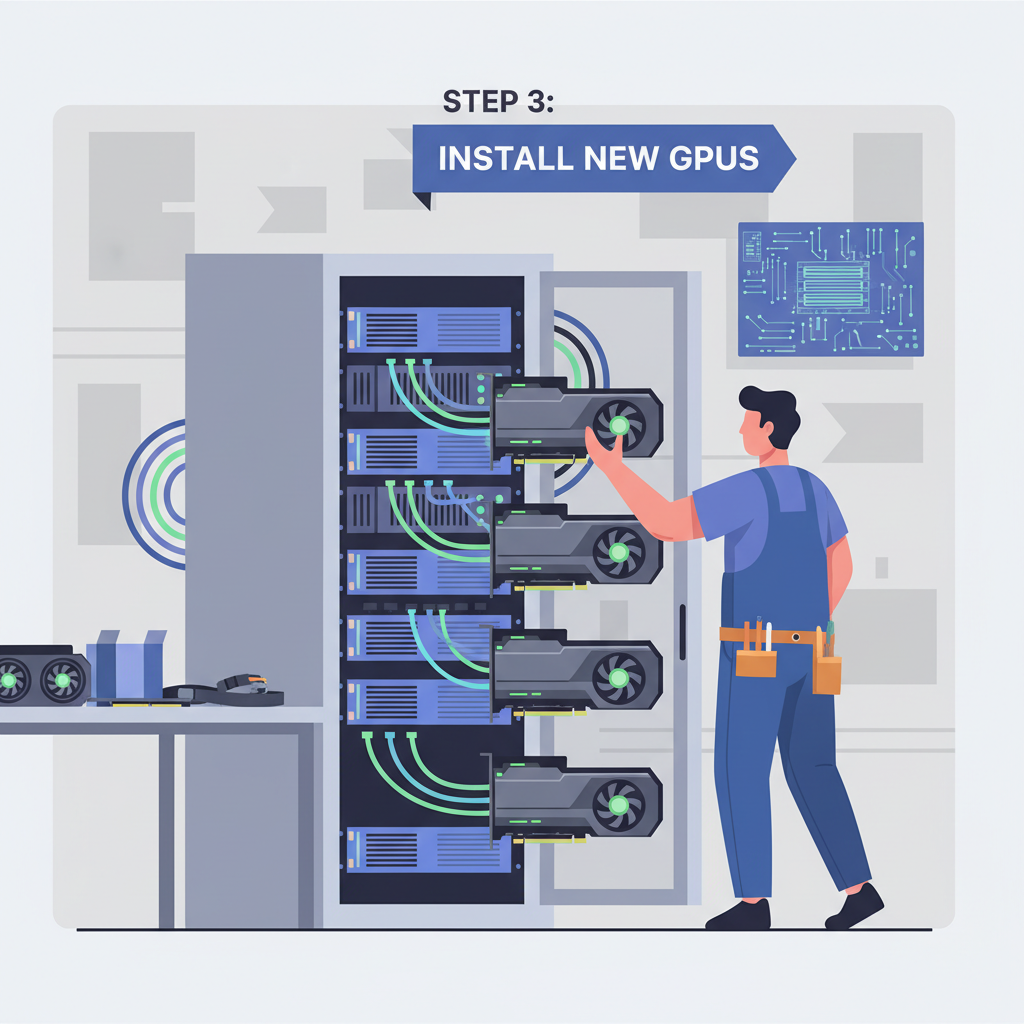 GPU hardware upgrade, server rack with new cards installing, glowing components, tech workshop