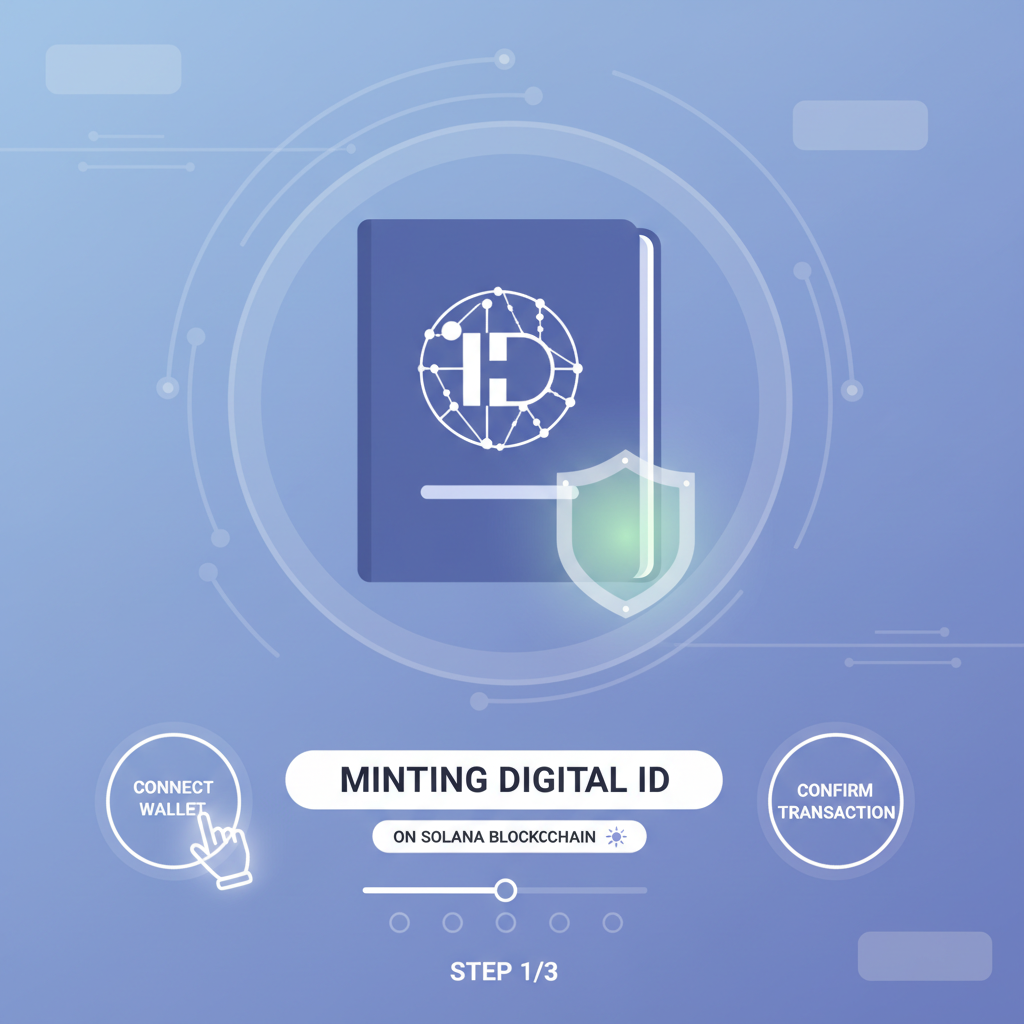 User minting digital ID on Solana blockchain, glowing passport icon, privacy shield