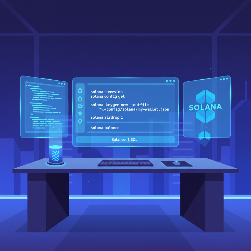 Solana developer terminal setup with CLI commands, futuristic blue glow, code screens