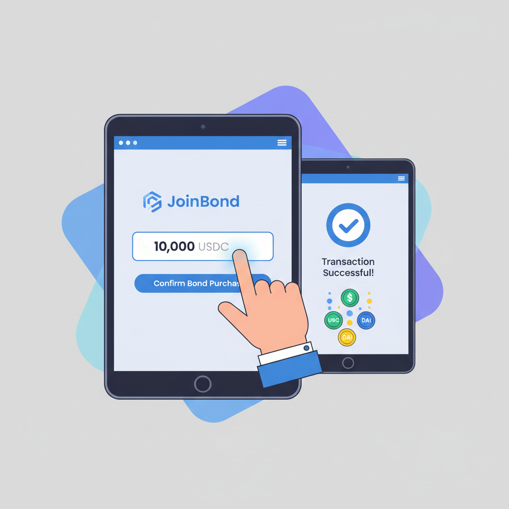 user inputting USDC bond amount on JoinBond interface, transaction confirmation screen, stablecoin icons flowing
