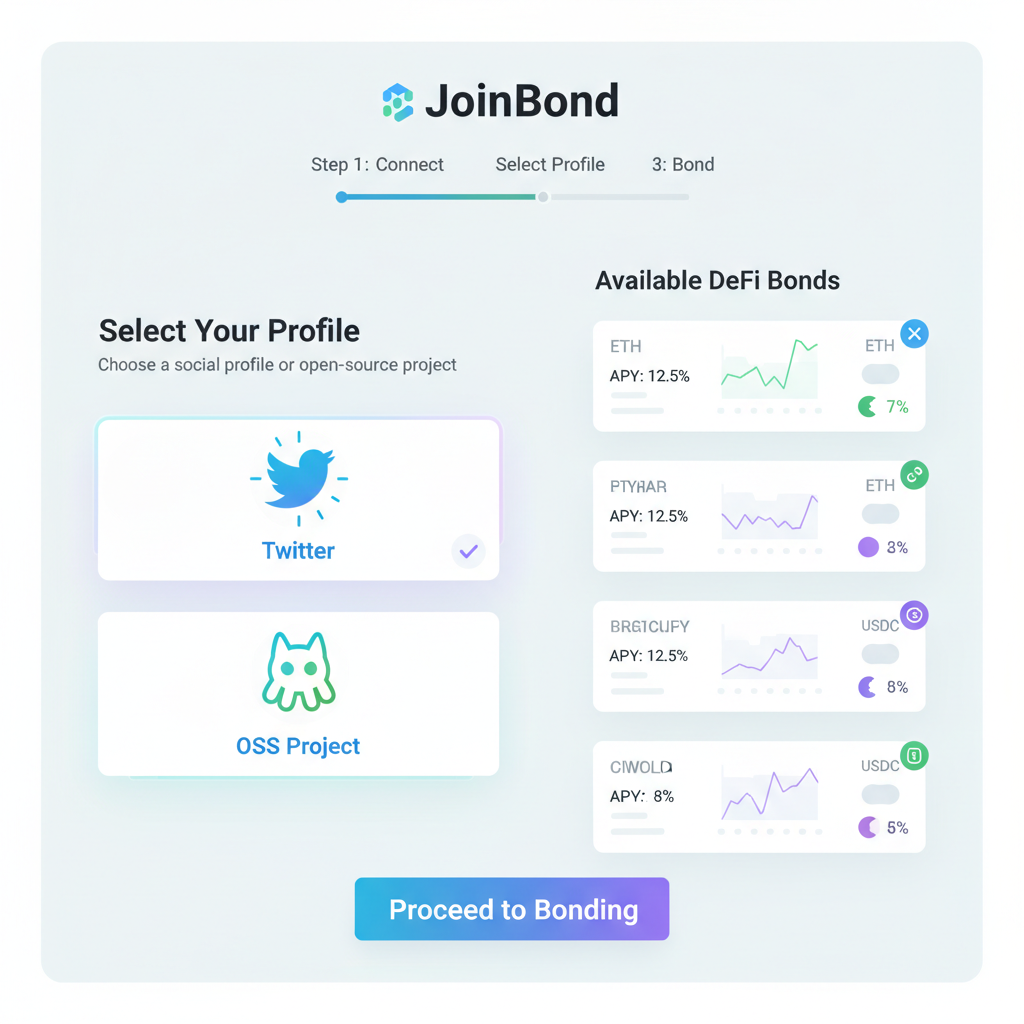 JoinBond dashboard selecting Twitter profile or OSS project, vibrant social icons blended with DeFi cards, clean UI