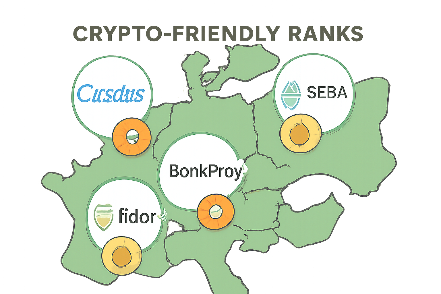 A digital map highlighting various crypto-friendly banks with their logos and crypto coins