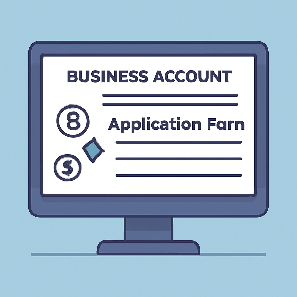A computer screen displaying a business account application form with crypto symbols and a progress bar