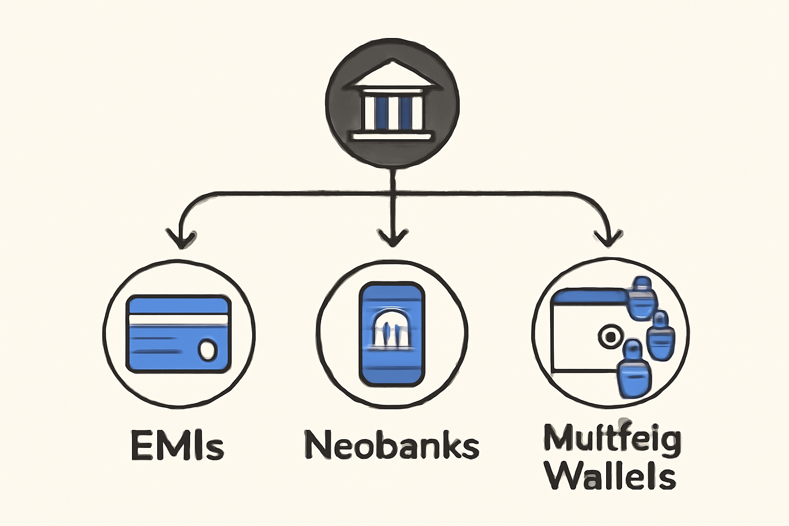 A branching path showing options like EMIs, neobanks, and multisig wallets, with digital banking icons