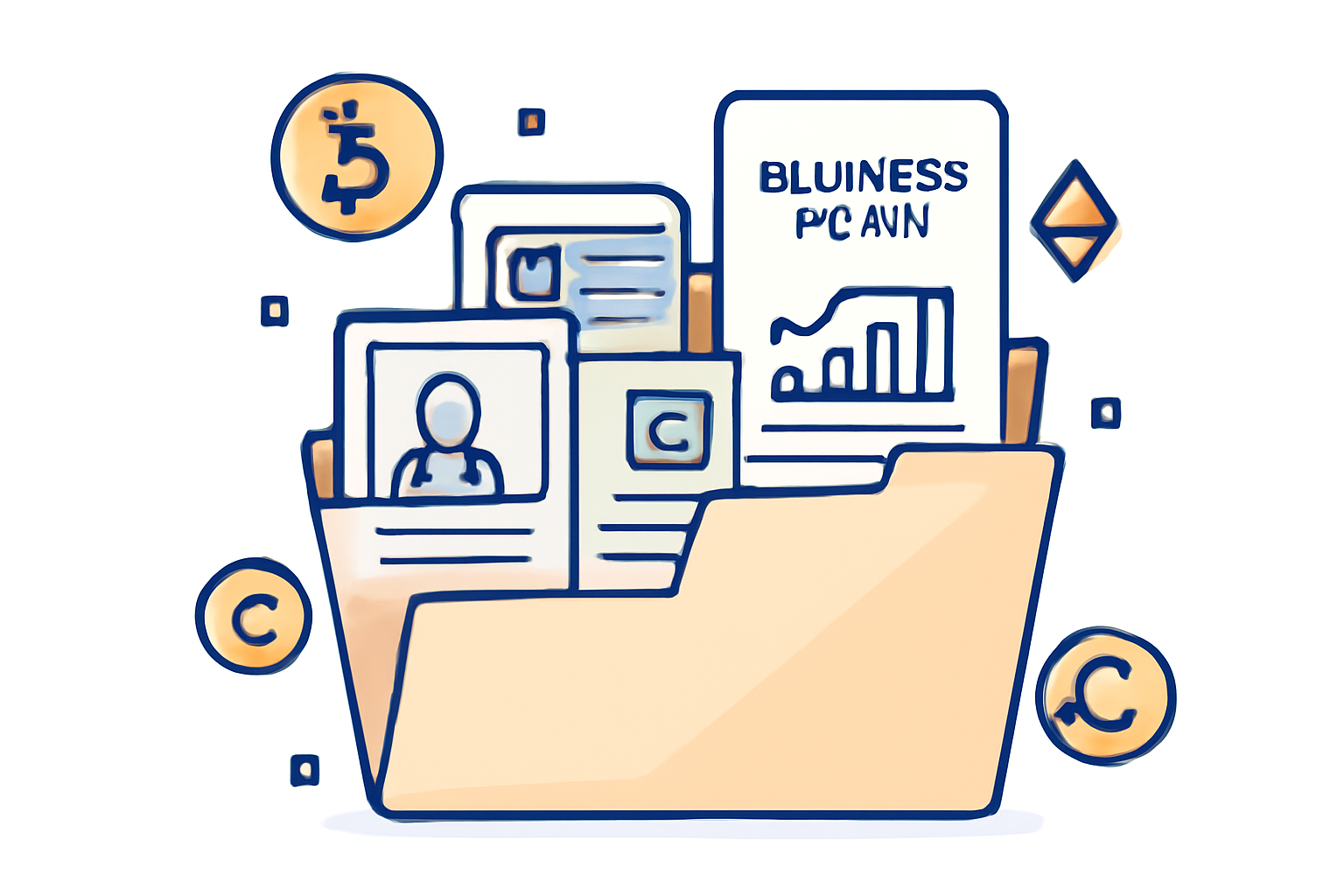 A neatly organized folder with business documents, IDs, and a business plan, surrounded by digital crypto icons