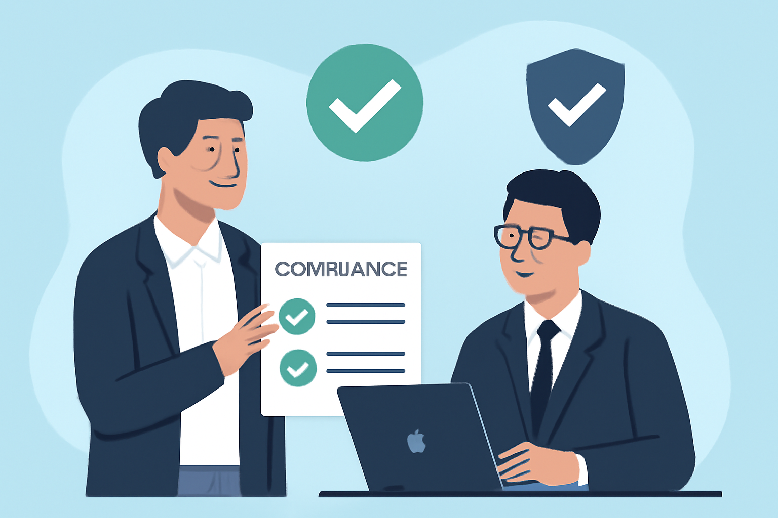 A business owner presenting compliance documents to a banker, with checkmarks and shield icons representing security
