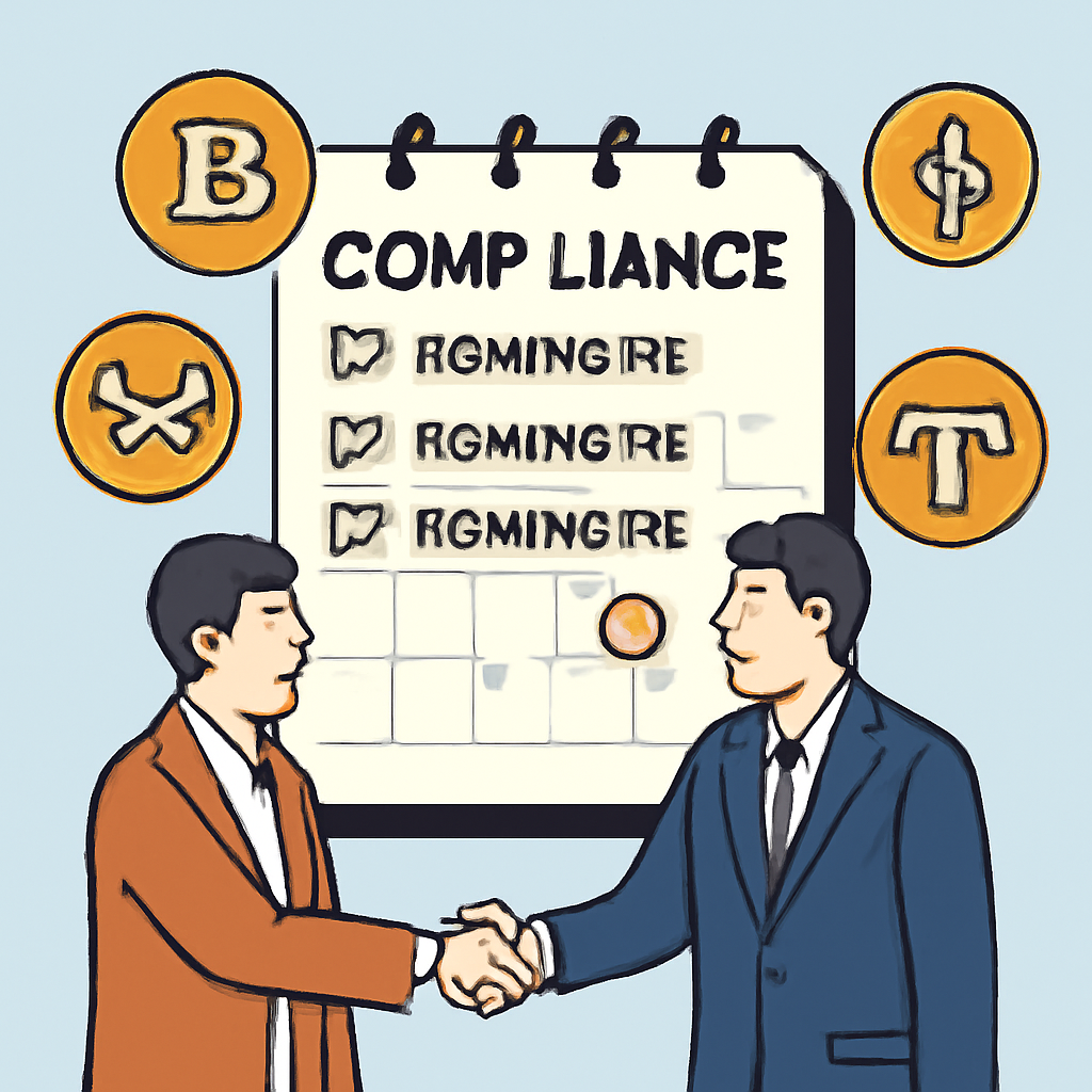 A calendar with compliance reminders and a handshake between a business owner and a banker, surrounded by crypto icons