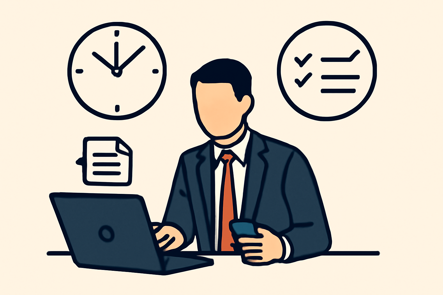 A businessperson replying to emails and uploading documents, with a clock and checklist symbolizing responsiveness